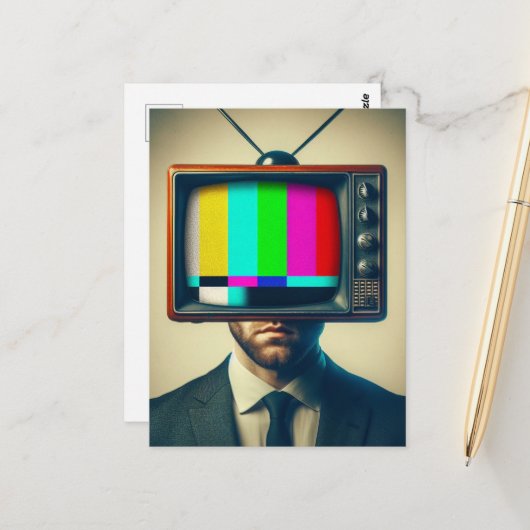 man met een tv op zijn hoofd briefkaart (Voorkant / Achterkant in situ)
