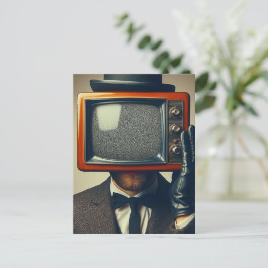 man met een tv op zijn hoofd briefkaart (Staand voorkant)