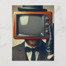 man met een tv op zijn hoofd briefkaart