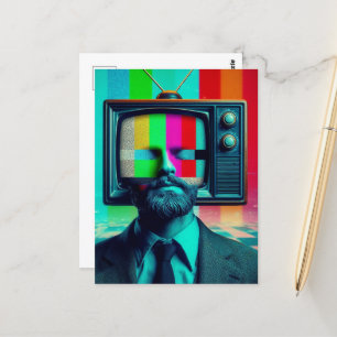 man Met een tv op Zijn Hoofd Kleurrijk Briefkaart