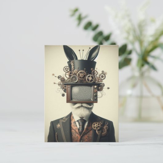 Man met een tv op zijn hoofd konijnenoren Briefkaart (Staand voorkant)