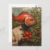 Man met een vis voor een hoofd in een tomatentuin briefkaart (Voorkant / Achterkant)
