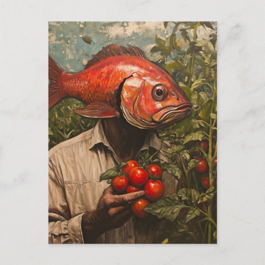 Man met een vis voor een hoofd in een tomatentuin briefkaart (Voorkant)