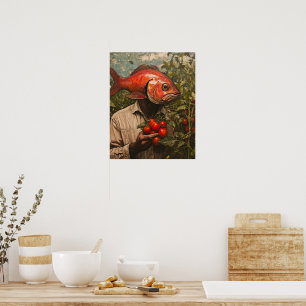 Man met een vis voor een hoofd in een tomatentuin poster
