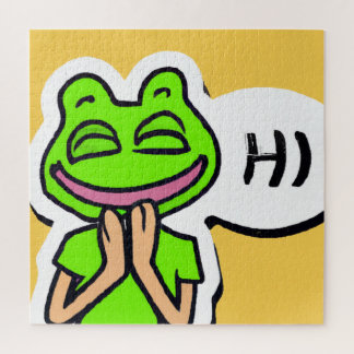 Man met glimlachende kikker op gele AI Art Legpuzzel