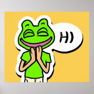Man met glimlachende kikker op gele AI Art Poster