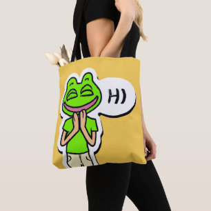 Man met glimlachende kikker op gele AI Art Tote Bag