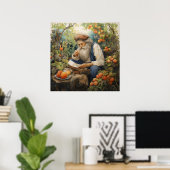 Man met grijze baard lezen in zijn fruittuin poster (Thuiskantoor)
