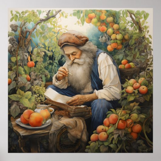 Man met grijze baard lezen in zijn fruittuin poster (Voorkant)