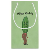 Man met grote augurk hoofd verrast gezicht groen klein cadeauzakje (Achterkant)