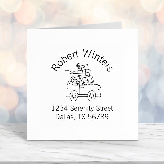 Man met het adres van de Dog Driving Car Cartoon Zelfinktende Stempel