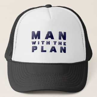 Man Met Het Plan Blauwe Tekst Ontwerp Trucker Pet