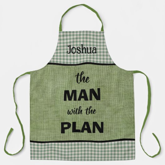 Man Met Het Plan Geborduurd Groen+Gingham Rut Schort (Voorkant)