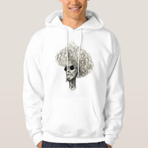 Man met krullende haas met zwarte zonnebril hoodie