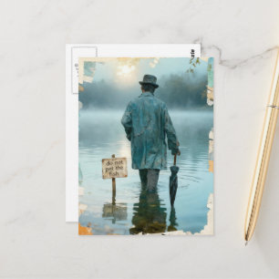 Man Met Paraplu Niet Aaien de Vis Surrealistisch Briefkaart