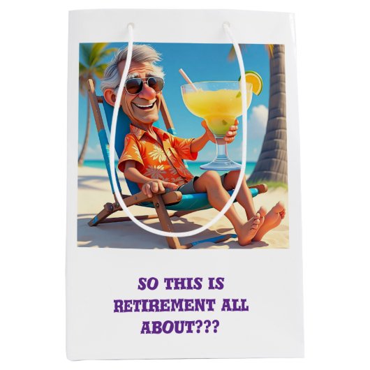 " MAN MET PENSIOEN OP HET STRAND " MEDIUM CADEAUZAKJE (Voorkant)