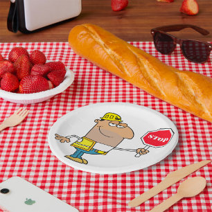 Man met stopteken papieren bordje