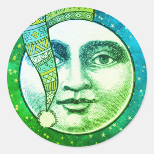 man Moon Full Face Blauw Groen Winter pet Ronde Sticker