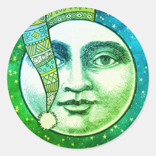 man Moon Full Face Blauw Groen Winter pet Ronde Sticker (Voorkant)