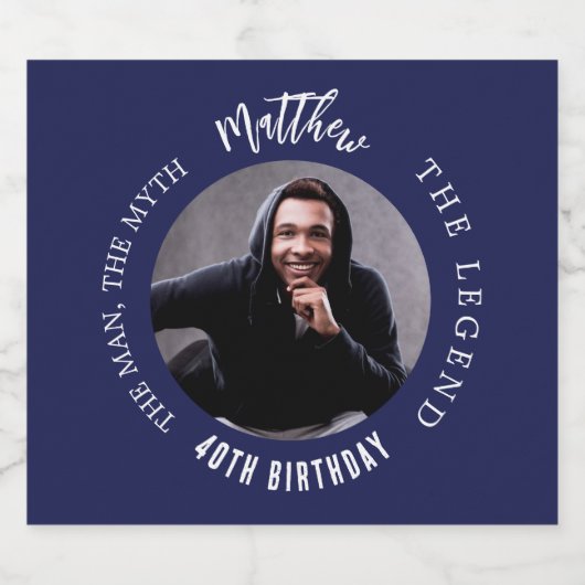 Man mythe legende foto blauw wit verjaardagsfeestj likeurfles etiket (Enkel label)