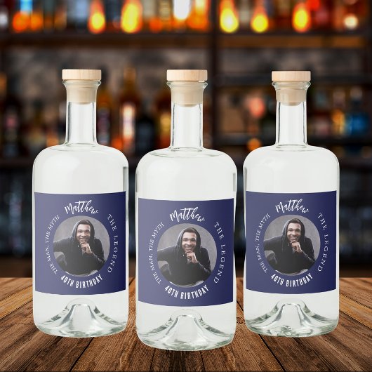 Man mythe legende foto blauw wit verjaardagsfeestj likeurfles etiket