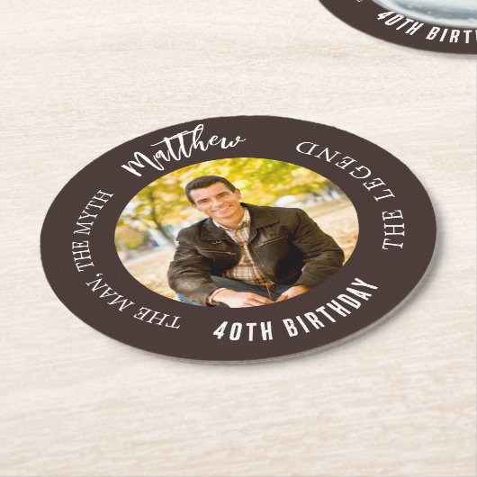 Man mythe legende foto bruin verjaardagsfeestje ronde kartonnen onderzetter (Gebogen)