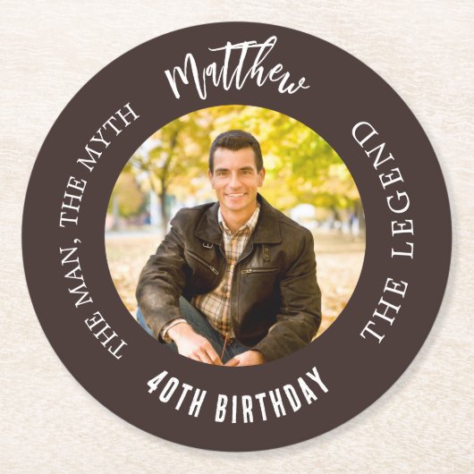 Man mythe legende foto bruin verjaardagsfeestje ronde kartonnen onderzetter (Voorkant)