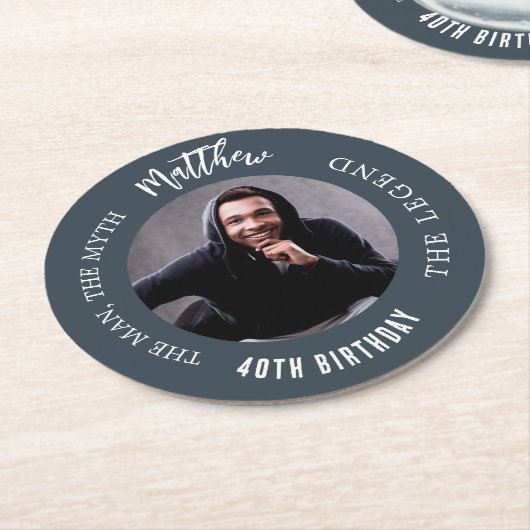 Man mythe legende foto houtskool grijs verjaardags ronde kartonnen onderzetter (Gebogen)