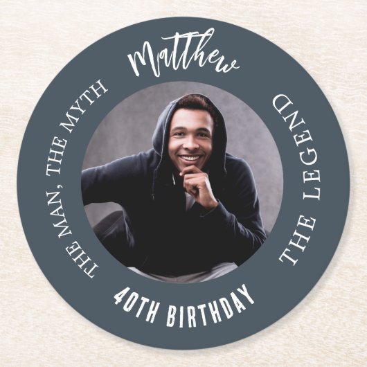 Man mythe legende foto houtskool grijs verjaardags ronde kartonnen onderzetter (Voorkant)