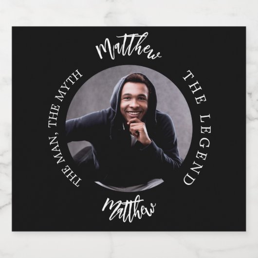 Man mythe legende foto naam zwart wit bier etiket (Enkel label)