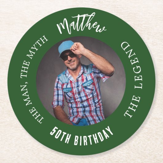 Man mythe legende foto smaragd groen verjaardagsfe ronde kartonnen onderzetter (Voorkant)