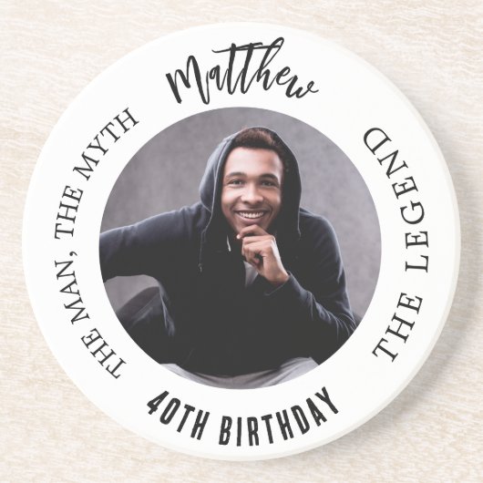 Man mythe legende foto wit zwart verjaardagsfeestj zandsteen onderzetter (Voorkant)