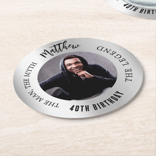 Man mythe legende foto zilveren verjaardagsfeestje ronde kartonnen onderzetter (Gebogen)