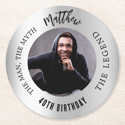 Man mythe legende foto zilveren verjaardagsfeestje ronde kartonnen onderzetter (Voorkant)