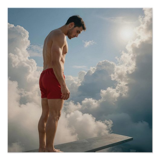 Man op een duikplank in de wolken perfect poster (Voorkant)