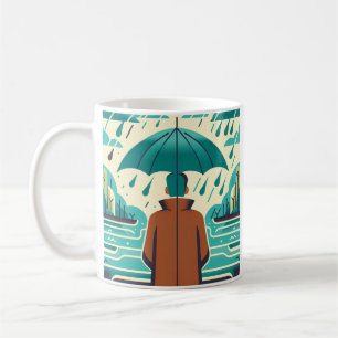 Man op regenachtige dag Paraplu Koffie Thee mok Cu