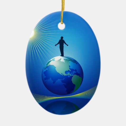 Man op Wereldbol Keramisch Ornament (Voorkant)