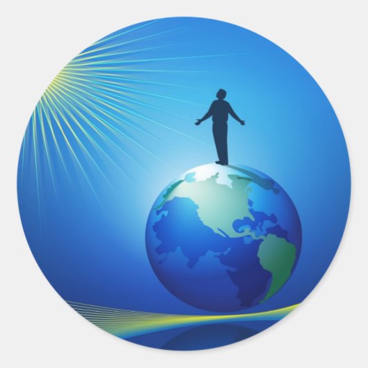Man op Wereldbol Ronde Sticker (Voorkant)