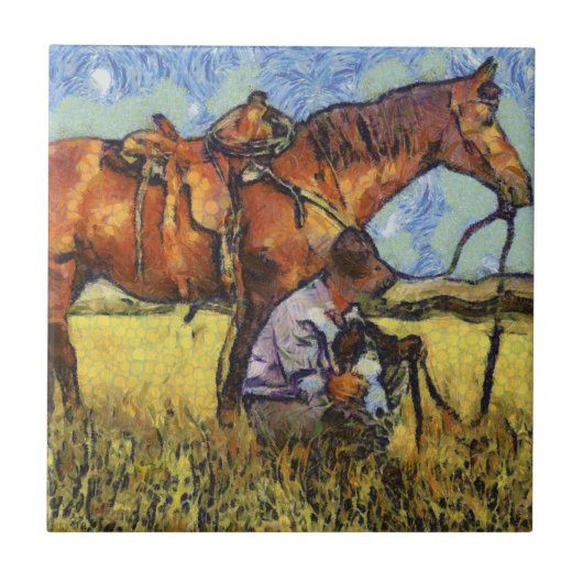 Man, paard en hond tegeltje (Voorkant)