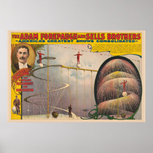 Man presteert op hangende kabel en spiraalvormige  poster