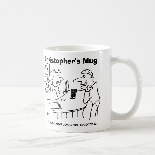 Man probeert barmeid te vleien. koffiemok (Rechts)