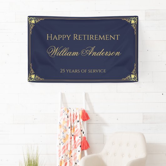 Man Retirement Party Navy Blue Gold Elegant Script Spandoek (Insitu)