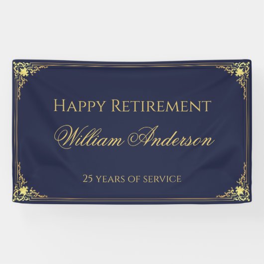 Man Retirement Party Navy Blue Gold Elegant Script Spandoek (Horizontaal)