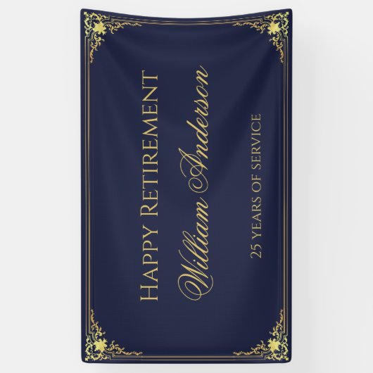 Man Retirement Party Navy Blue Gold Elegant Script Spandoek (Verticaal)