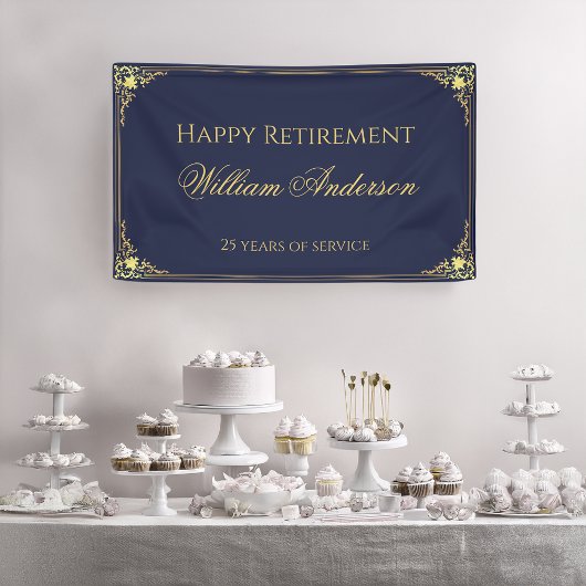 Man Retirement Party Navy Blue Gold Elegant Script Spandoek