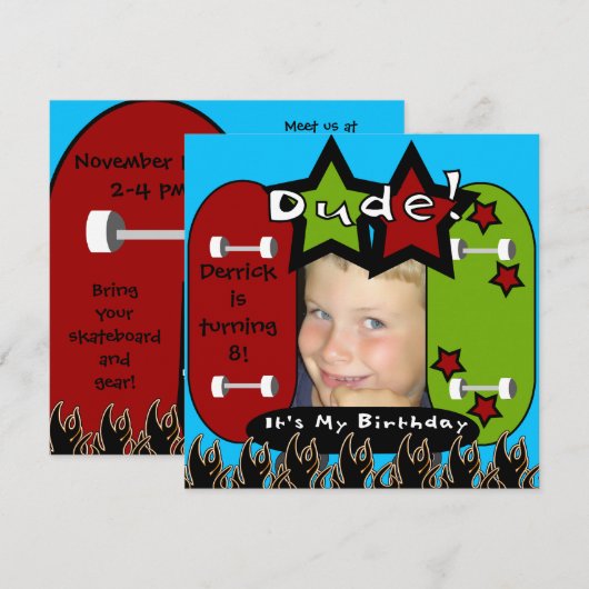 Man Skateboarding Birthday Invitation Kaart (Voorkant / Achterkant)