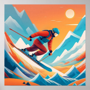 Man Skiën op een berg - Kunstdruk Poster