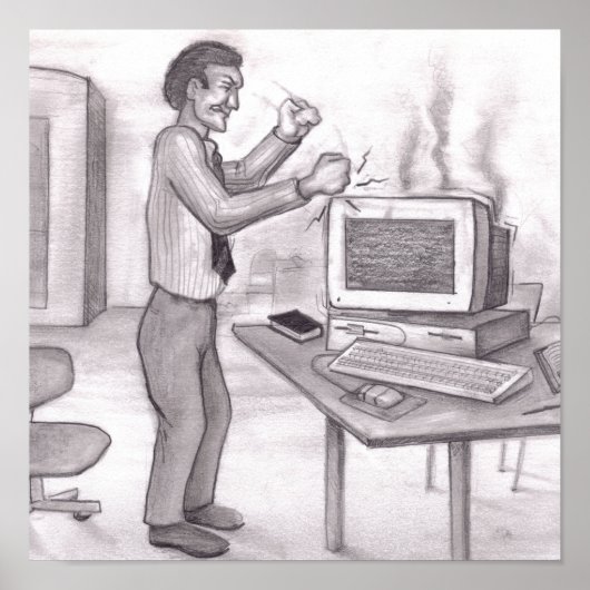 Man slaat vuisten op rokende computermonitor poster (Voorkant)