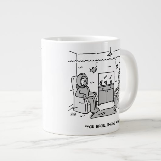 Man spoelt zijn tropische vis - grappige Cartoon o Grote Koffiekop (Voorkant rechts)