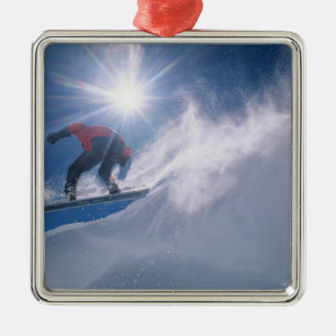 Man springt van een grote cornince af op een snowb metalen ornament